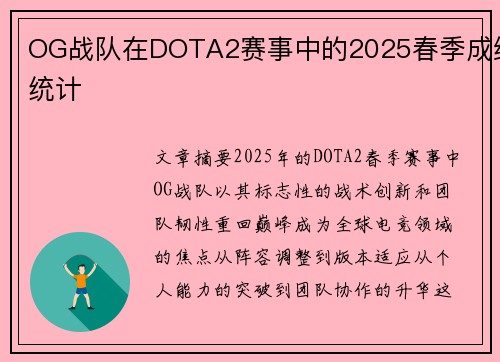 OG战队在DOTA2赛事中的2025春季成绩统计